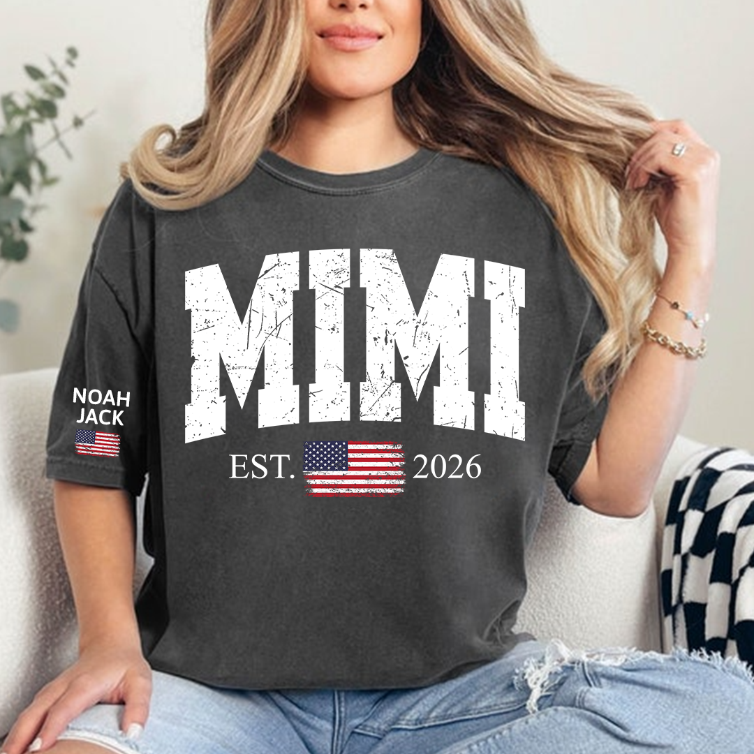 Patriotic Mimi T Shirt, Vintage American Flag Design with Custom Grandkids Names