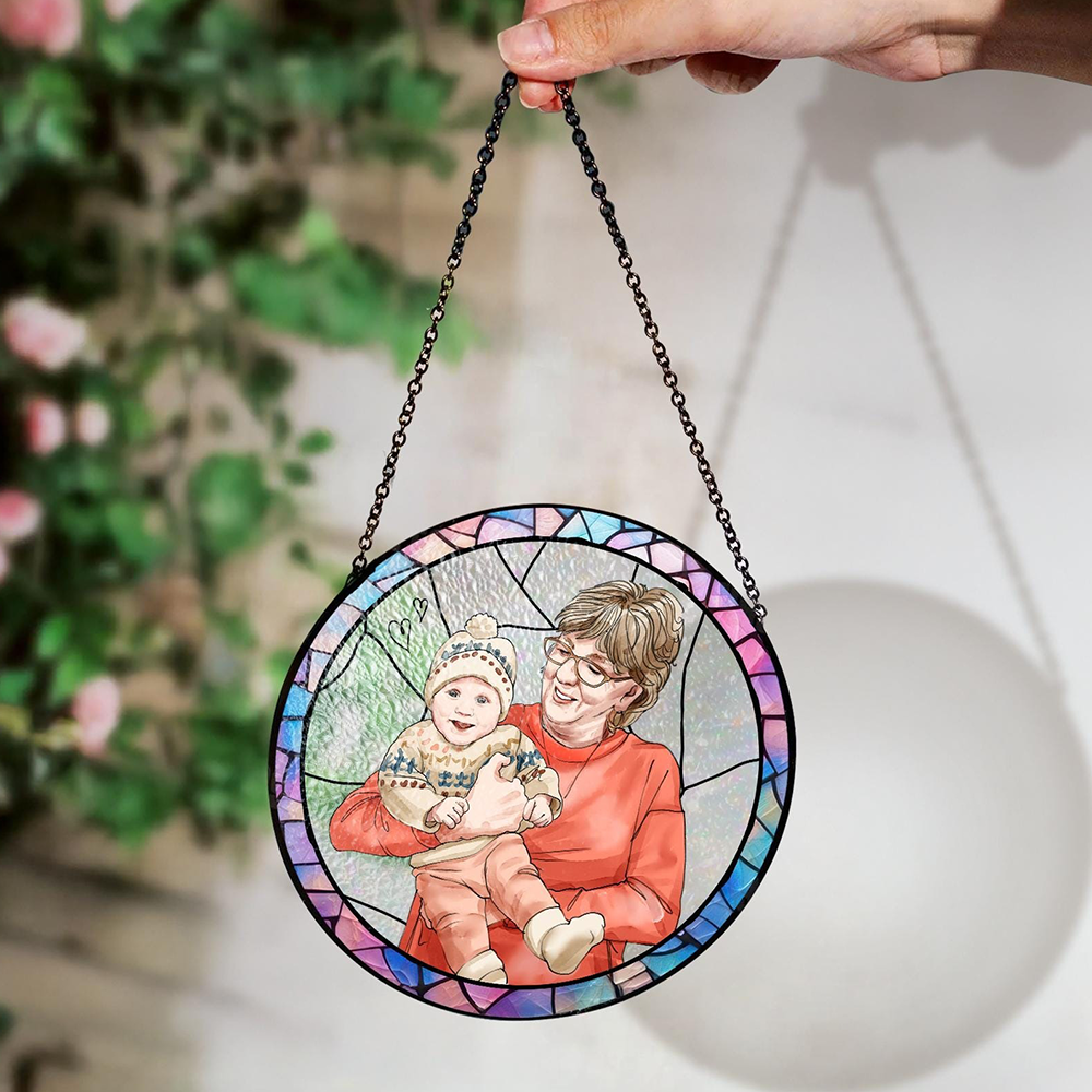 Personalized Grandma & Grandkids Stained Glass Portrait, Custom Family Glass Suncatcher