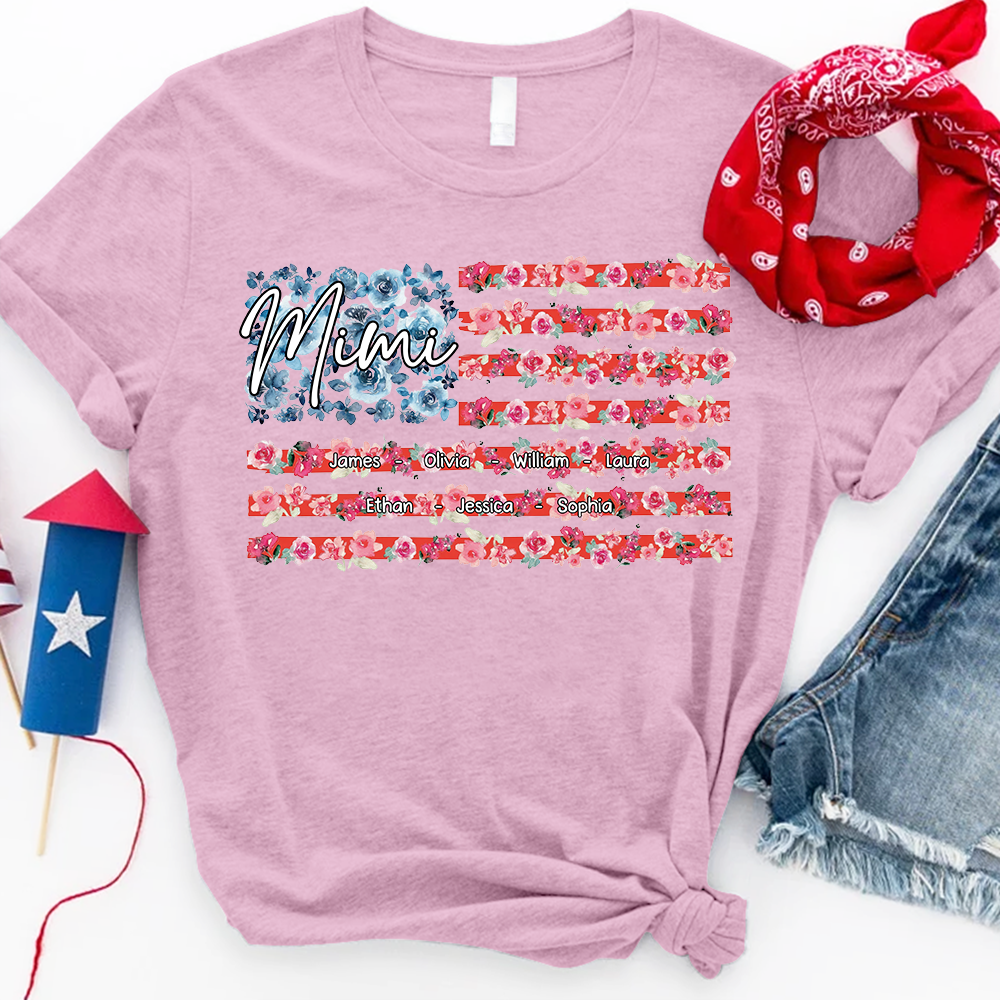 Personalized Mimi Shirt with Floral American Flag, Custom Grandkids Names T Shirt, Patriotic Gift for Mimi