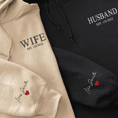 Custom Wife and Husband Embroidered Sweatshirt With Est Date, Custom Husband Est 2024 Hoodie, Custom Embroidered on Sleeve Wife Husband Hoodie, Sweatshirt