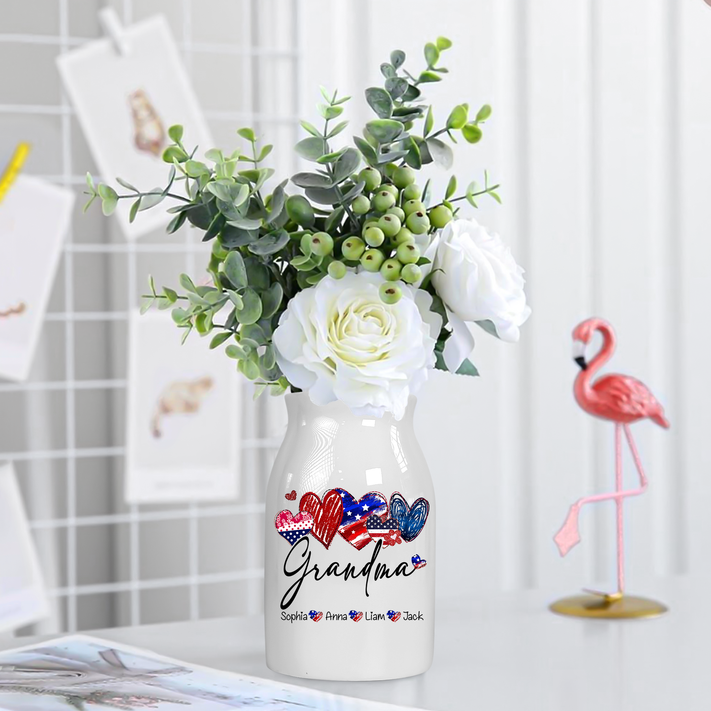 Heart Flag Grandma And Kids - Custom Home Decoration Flower Vase According To Family Requirements - Warm Gift For Mother's Day, Ceramic Flower Vase