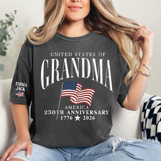 America's Semiquincentennial T-Shirt, Personalized For Gift Grandma with Kid Names