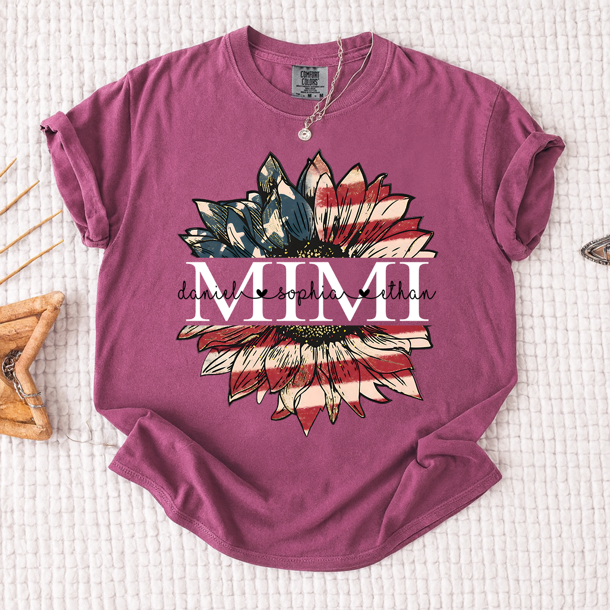 Comfort Colors Personalized Mimi Shirt Sunflower American Flag Design, Custom Kids Names Grandma T Shirt