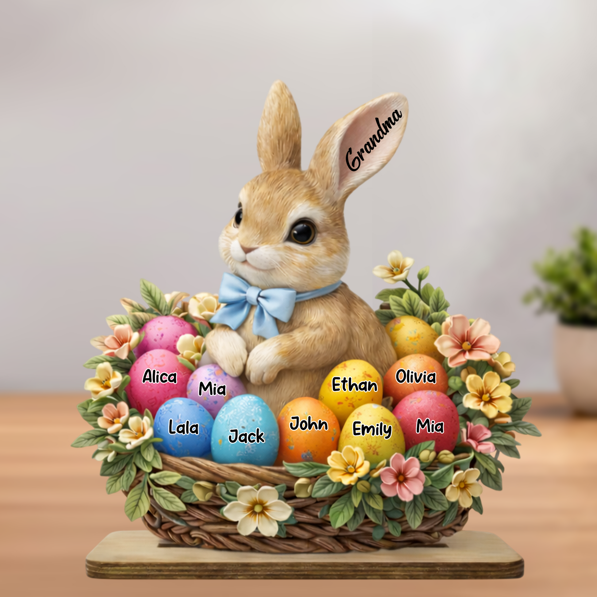 Personalized Easter Bunny Basket Wooden Plaque - Custom Grandkids' Names, "Grandma" Easter Decor with Floral and Egg Design