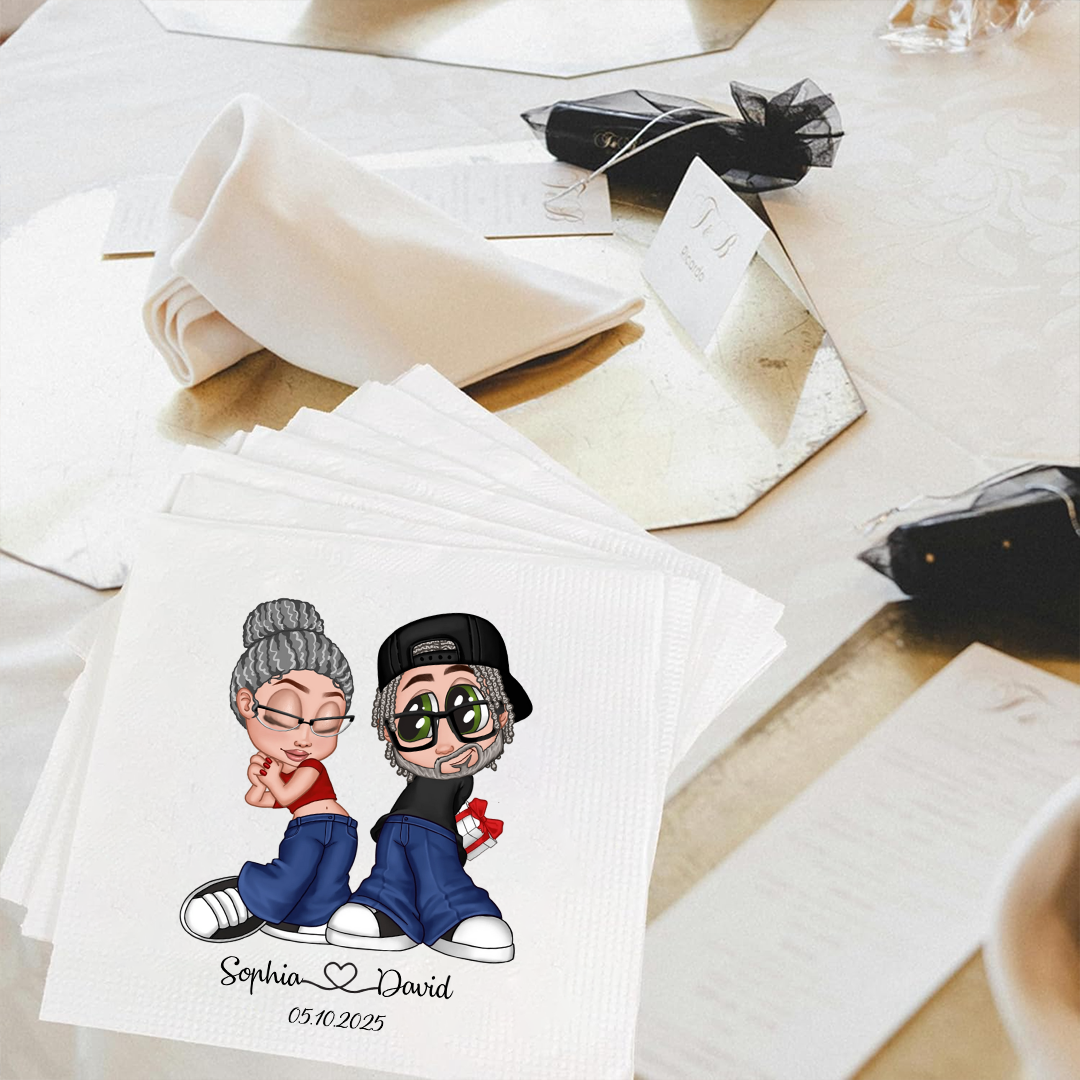 Y2K Couple Personalized Wedding Napkins – Custom Illustration Cocktail Napkins for Wedding, Shower & Engagement