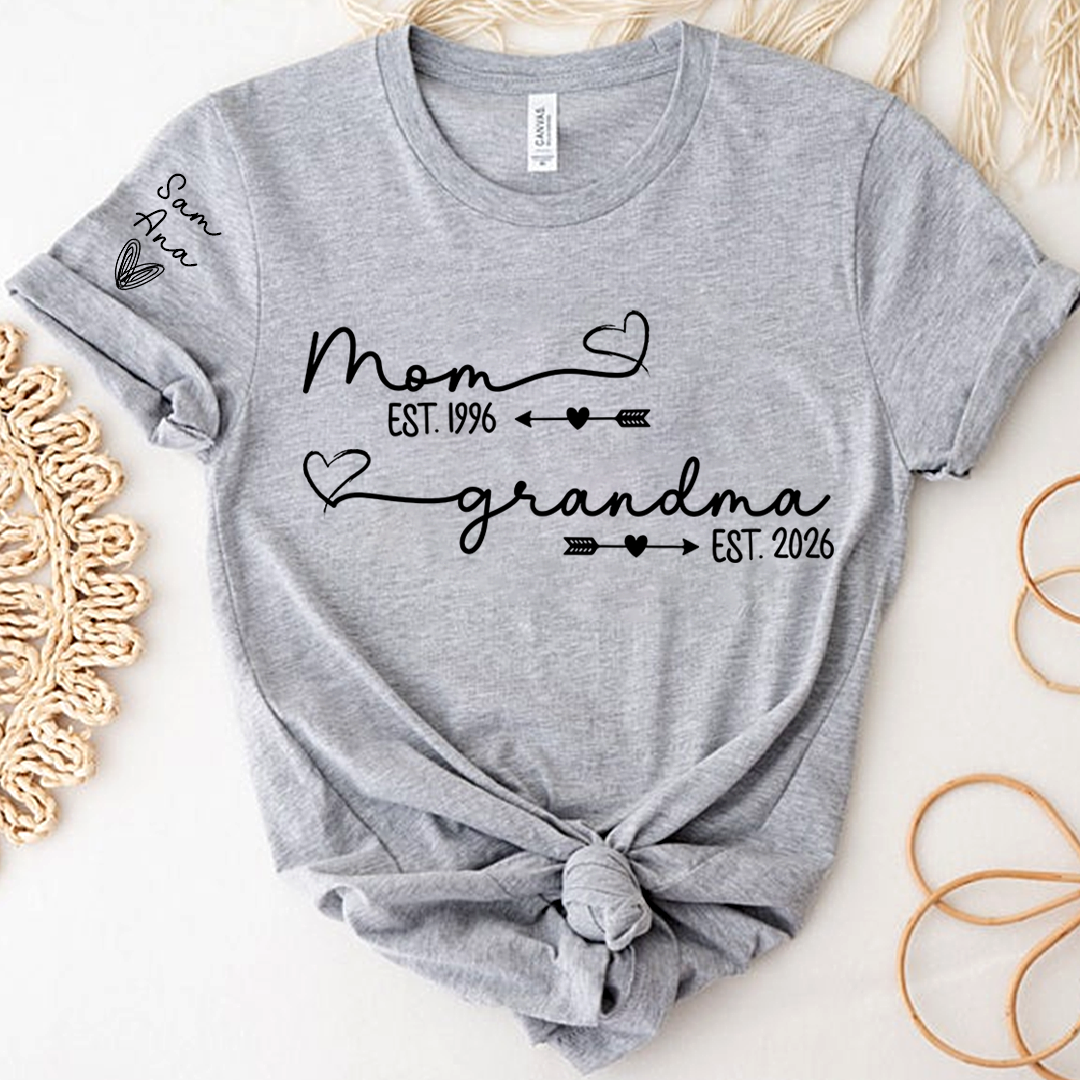 Personalized Mom and Grandma Shirt, Custom EST Year T-Shirt with Heart and Arrow Design for Mom and Grandma