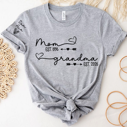 Personalized Mom and Grandma Shirt, Custom EST Year T-Shirt with Heart and Arrow Design for Mom and Grandma