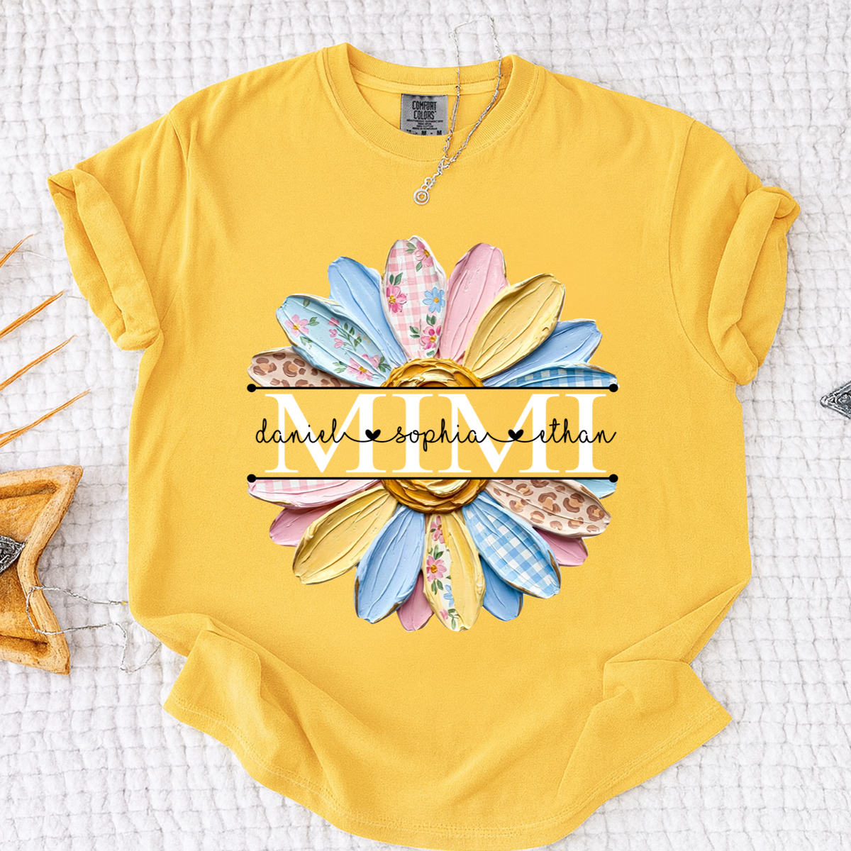 Comfort Mimi Floral Shirt, Custom Grandkids Names with Colorful Patchwork Daisy Design