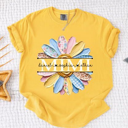 Comfort Mimi Floral Shirt, Custom Grandkids Names with Colorful Patchwork Daisy Design