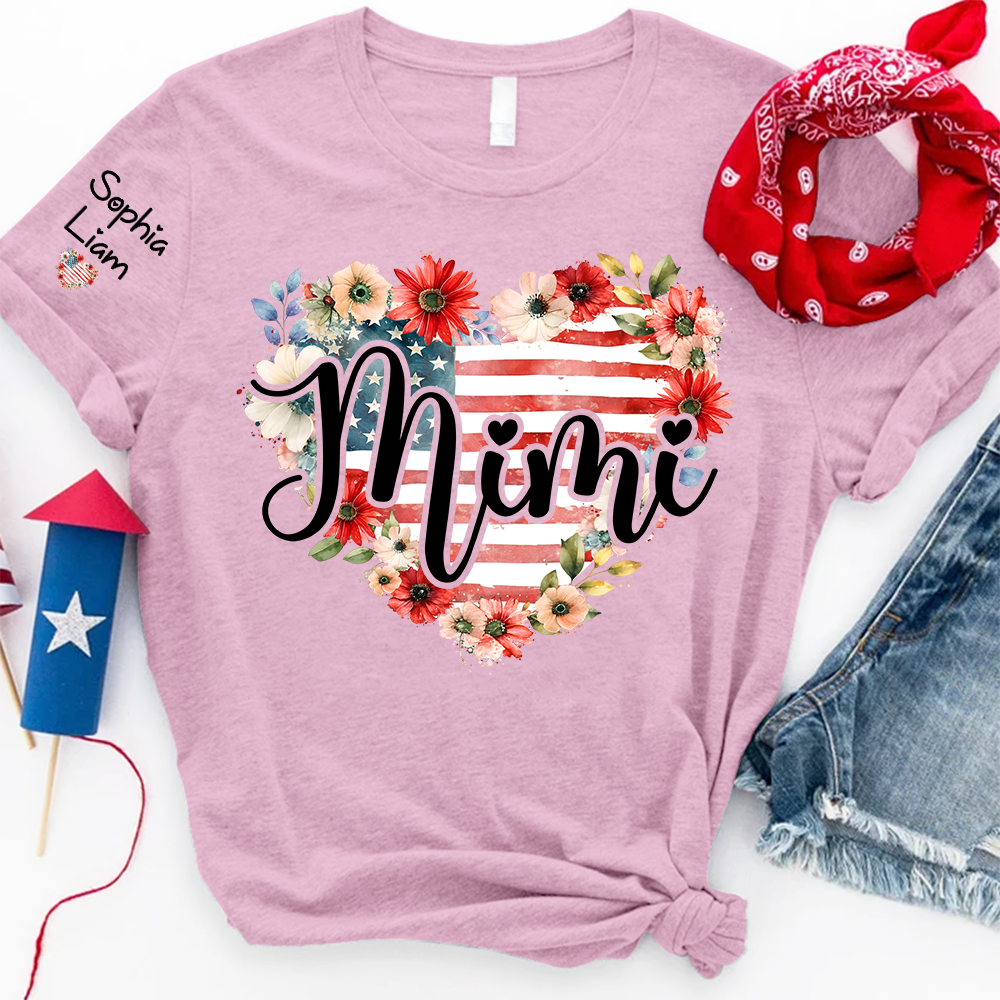 Mimi Patriotic Floral T Shirt, Custom Heart Design with American Flag, Personalized Gift for Grandma, Perfect for Mother’s Day