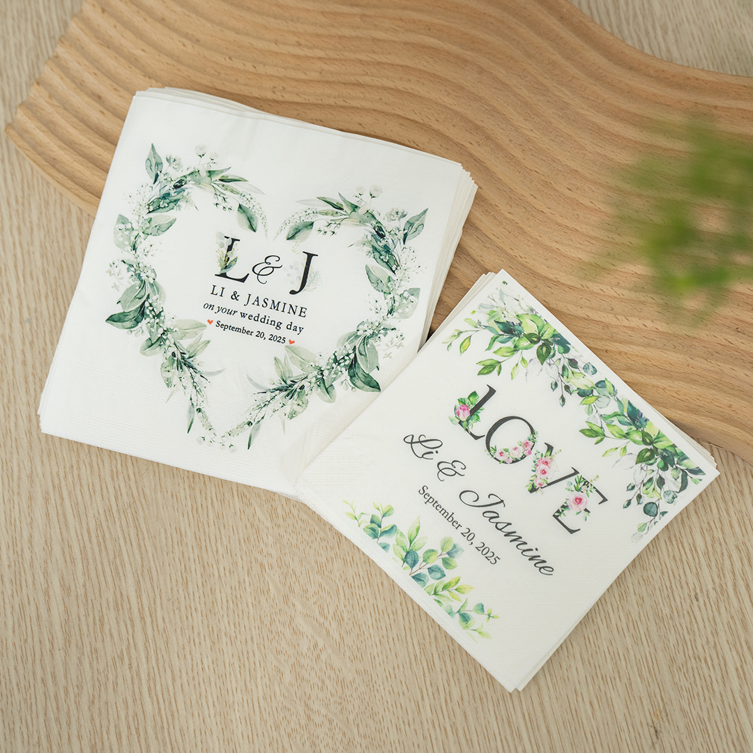 Custom Wedding Napkins with Bride and Groom Initials – Romantic Floral Green Wreath – Elegant Touch for Rustic & Garden Weddings