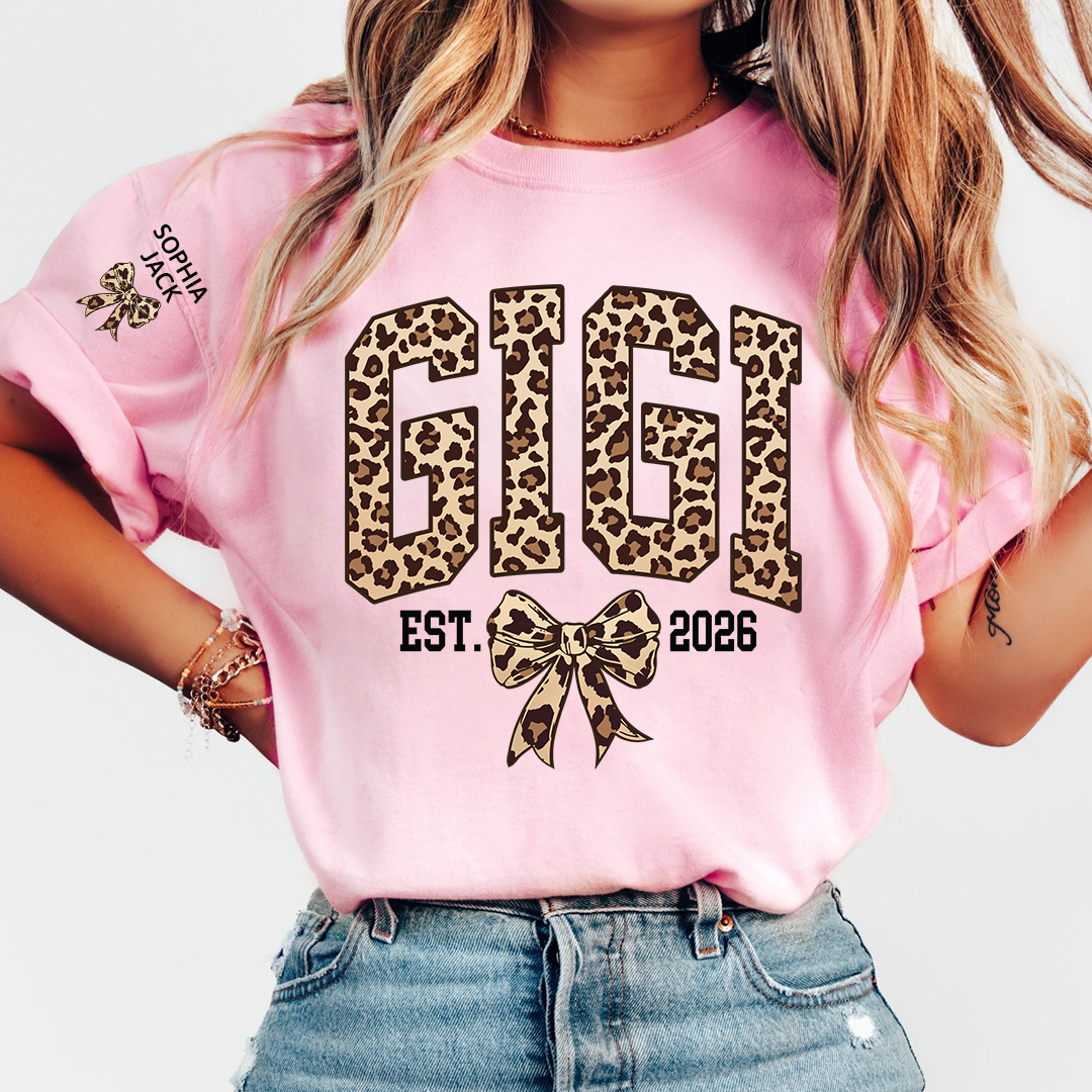 Custom Leopard Gigi, Personalized Heart T-shirt For Grandma And Kids
