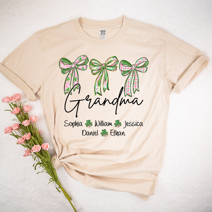 Lucky Grandma Personalized Shirt, Shamrock and Bow St Patrick Day Theme, Custom Names Family Shirt for Grandma