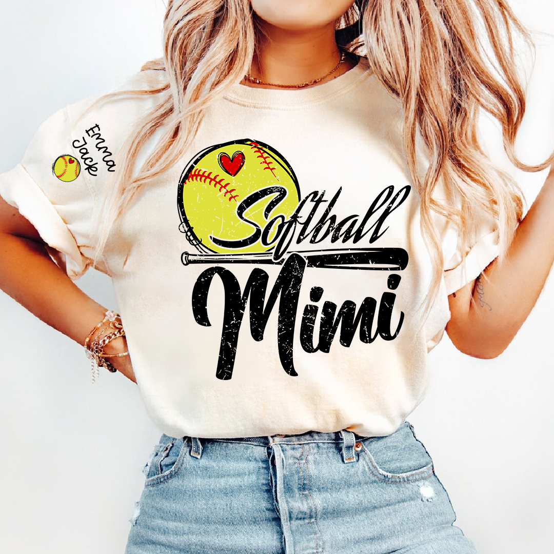 Personalized Mimi Softball Shirt, Heart and Bat Design with Custom Grandkids Names