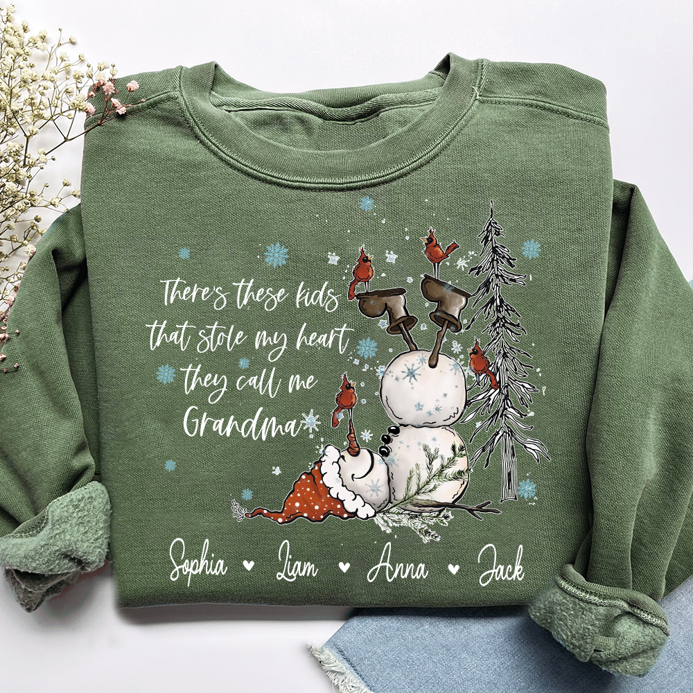 Custom Grandma Snowman Sweatshirt, There’s These Kids That Stole My Heart For Gift Grandma And Kids