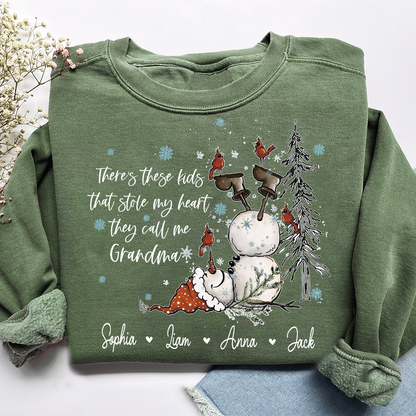 Custom Grandma Snowman Sweatshirt, There’s These Kids That Stole My Heart For Gift Grandma And Kids