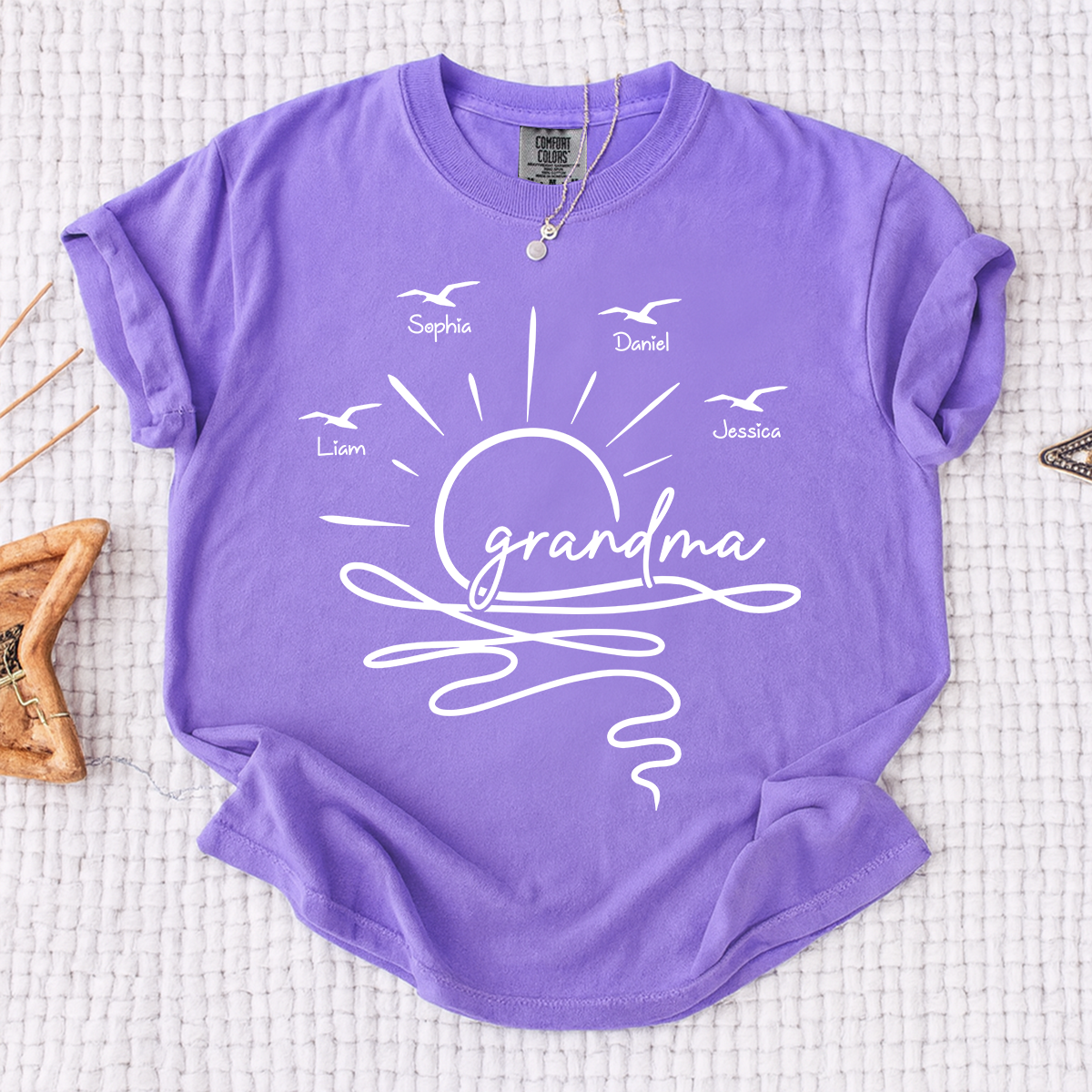 Comfort Colors Personalized Grandma Sunset Shirt, Custom Grandkids Names T Shirt, Beach Grandma Gift for Nana Mimi Gigi Women