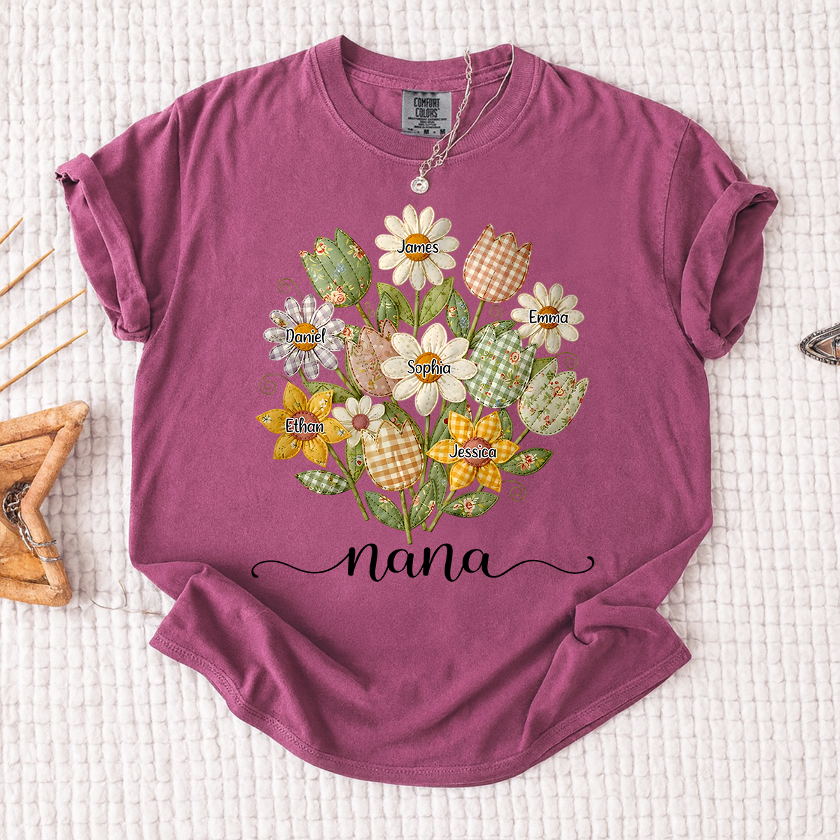 Comfort Colors Personalized Nana Shirt with Grandkids Names, Custom Flower Bouquet Grandma T Shirt, Family Gift for Nana