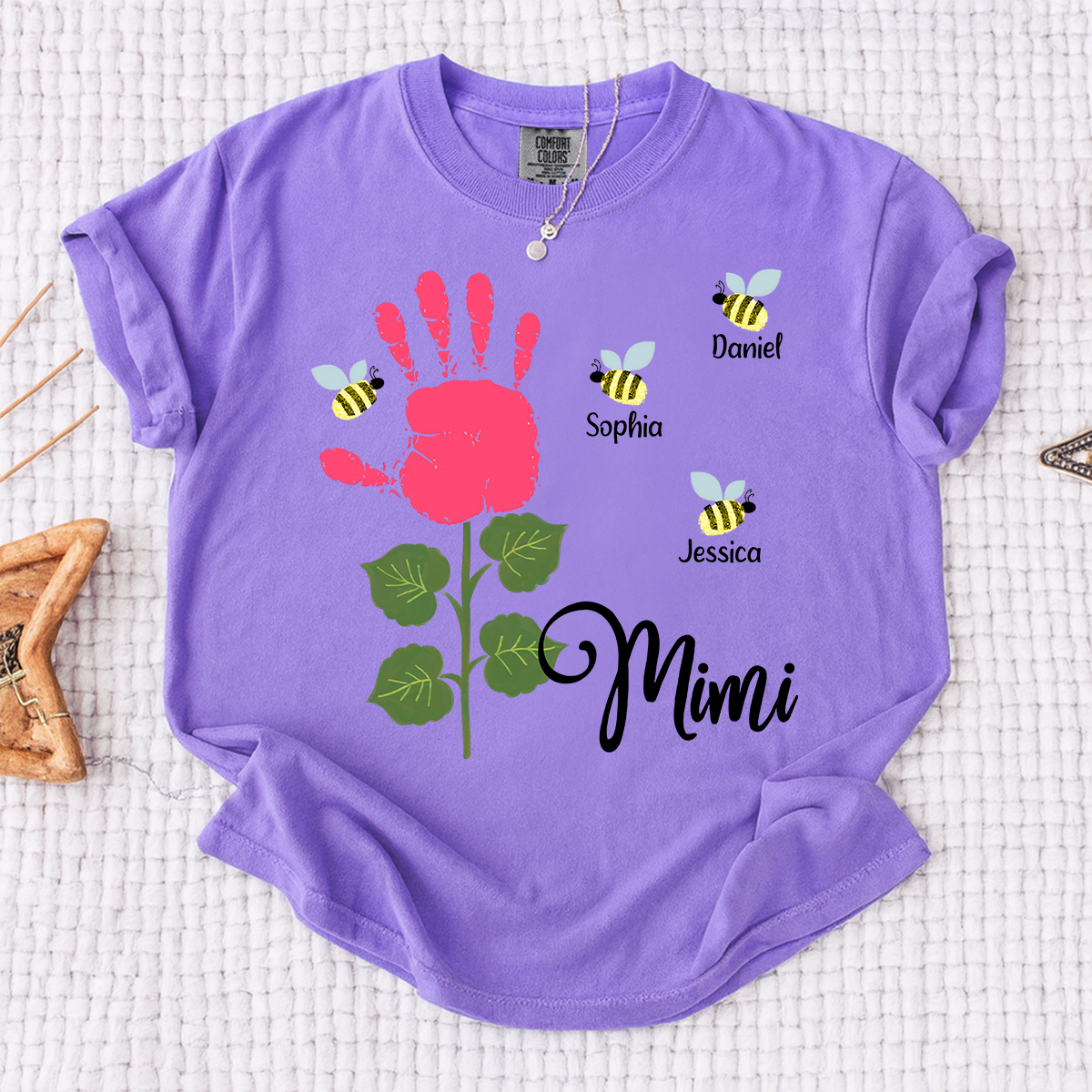 Comfort Colors Personalized Mimi Shirt, Custom Family Names with Handprint Flower Design and Bees, Perfect Gift for Mimi