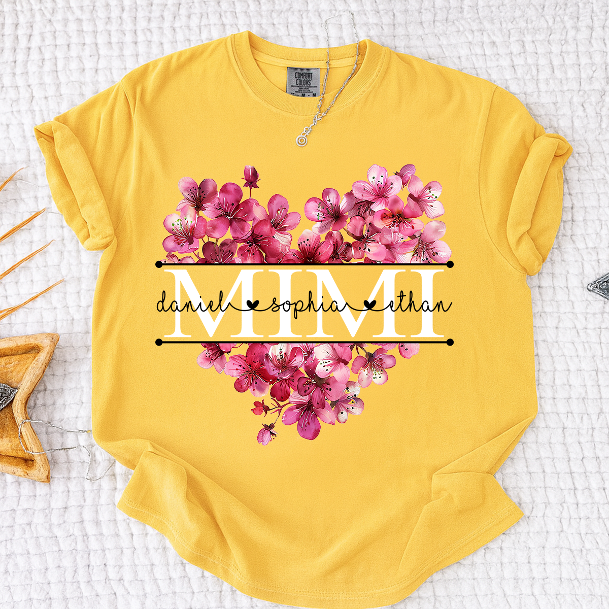 Comfort Personalized Mimi Shirt with Grandkids Names, Pink Floral Heart Family T Shirt