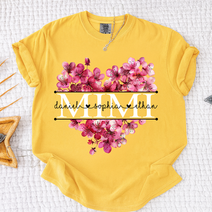 Comfort Personalized Mimi Shirt with Grandkids Names, Pink Floral Heart Family T Shirt