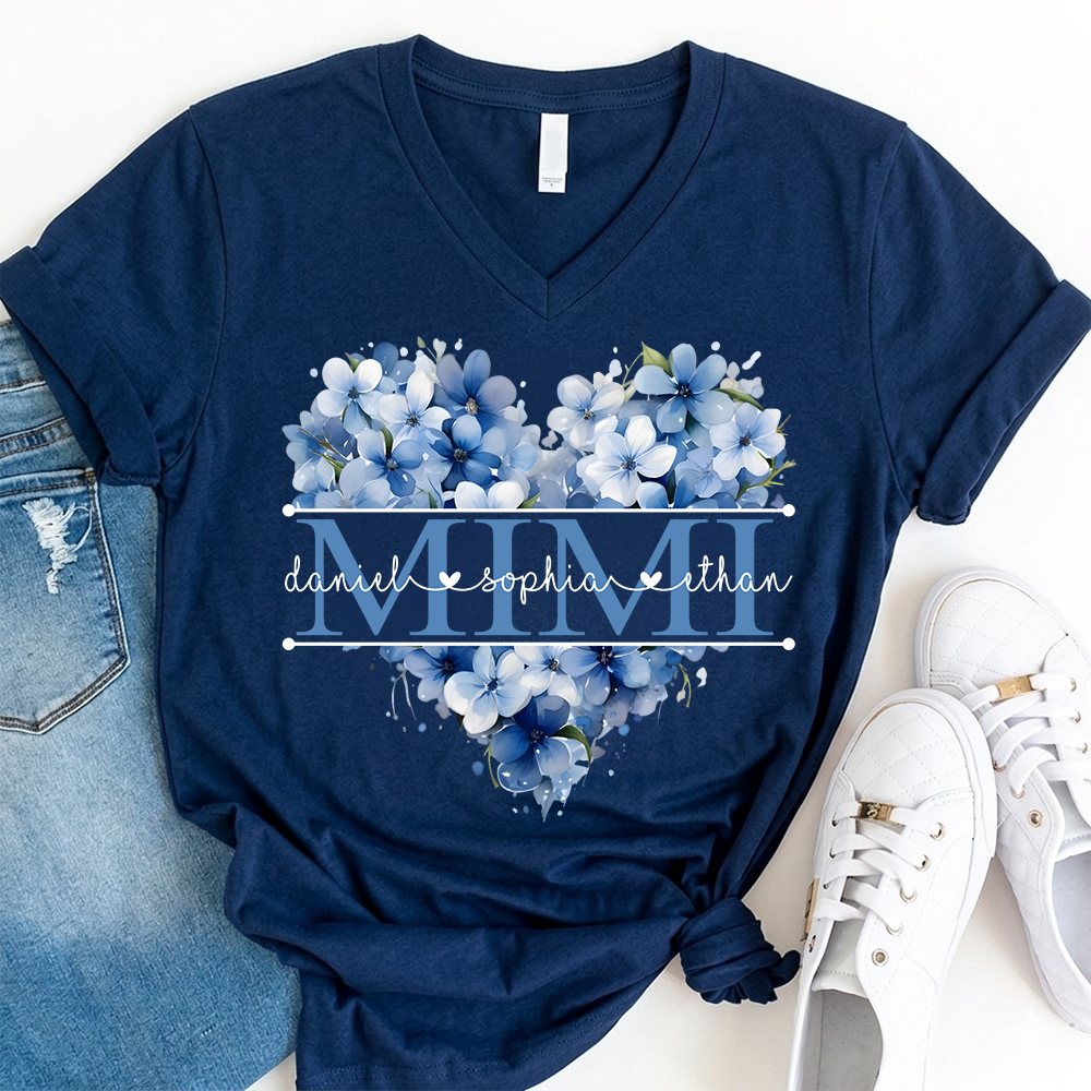 Personalized Mimi Shirt with Blue Floral Heart Design, Custom Grandma Gift with Grandkids Name V-Neck