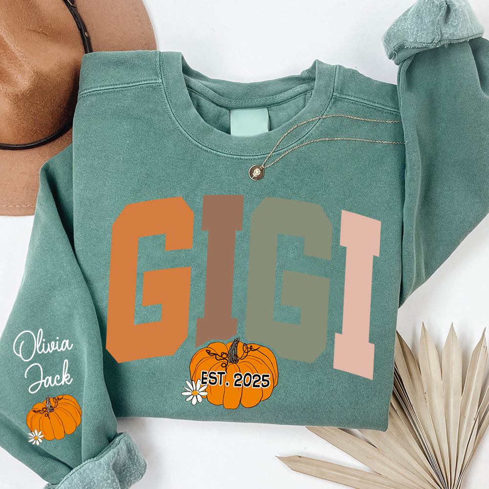 Custom Grandma Autumn Pumkin Sweatshirt, Personalized For Gigi And Kids