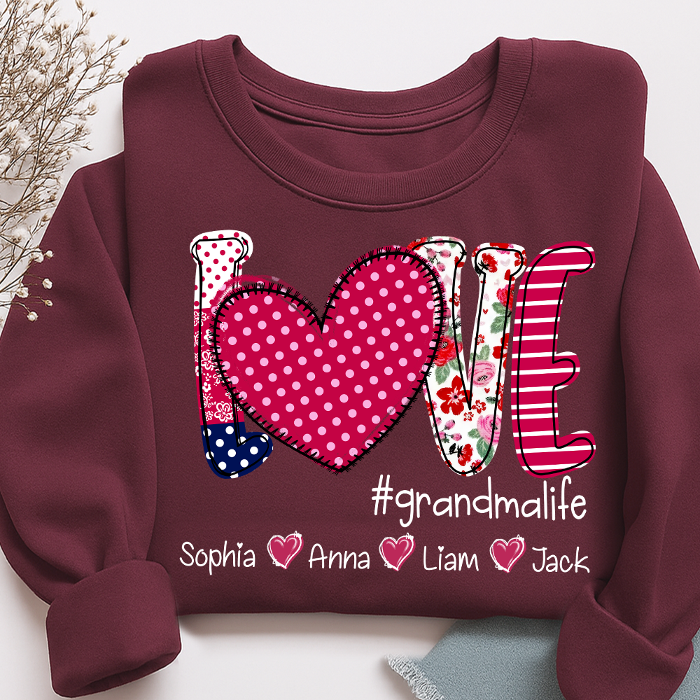 Love Grandma Shirt, Heart Patchwork Sweatshirt with Kids’ Names