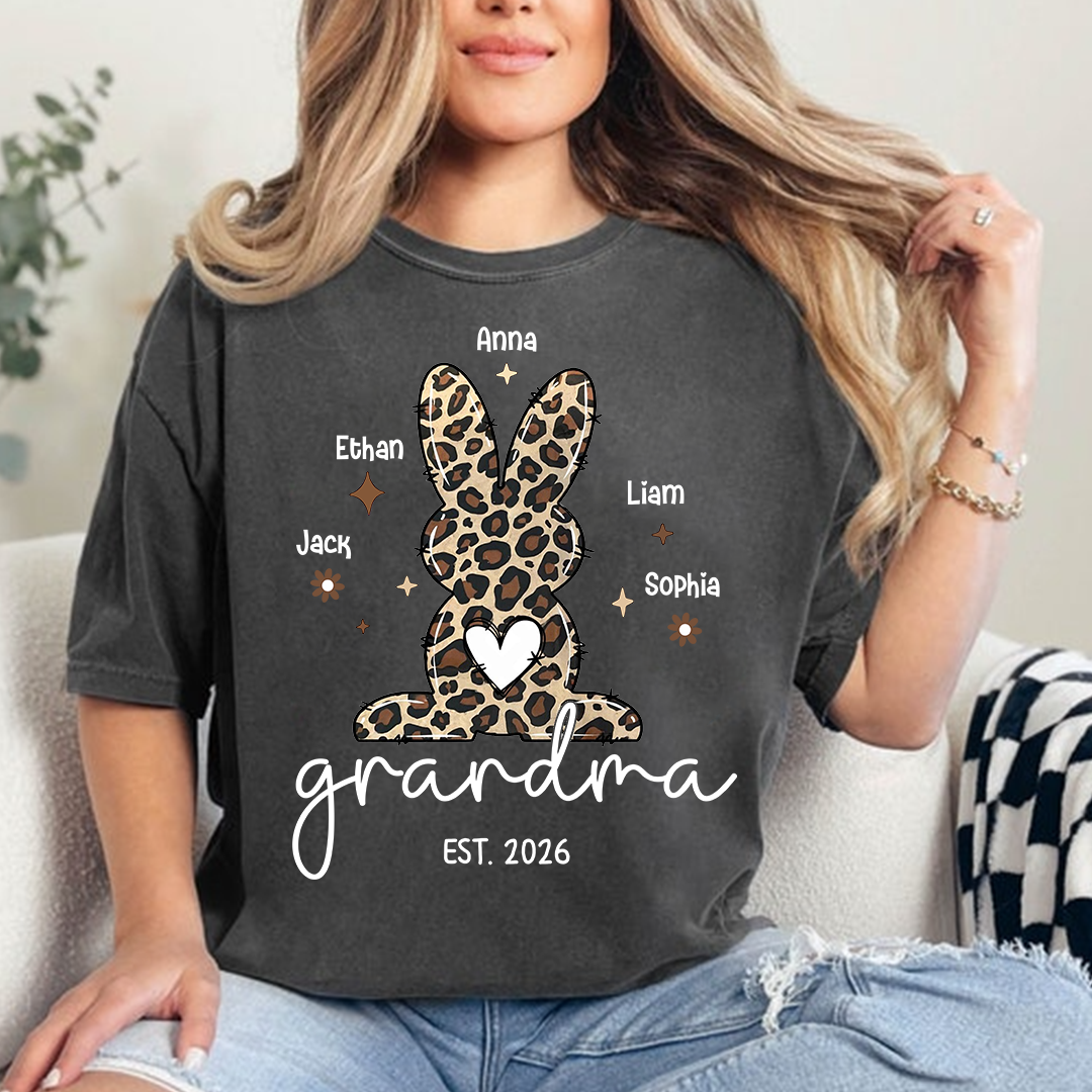 Personalized Grandma Easter Bunny Leopard Print T-shirt, Custom Grandma And Kids