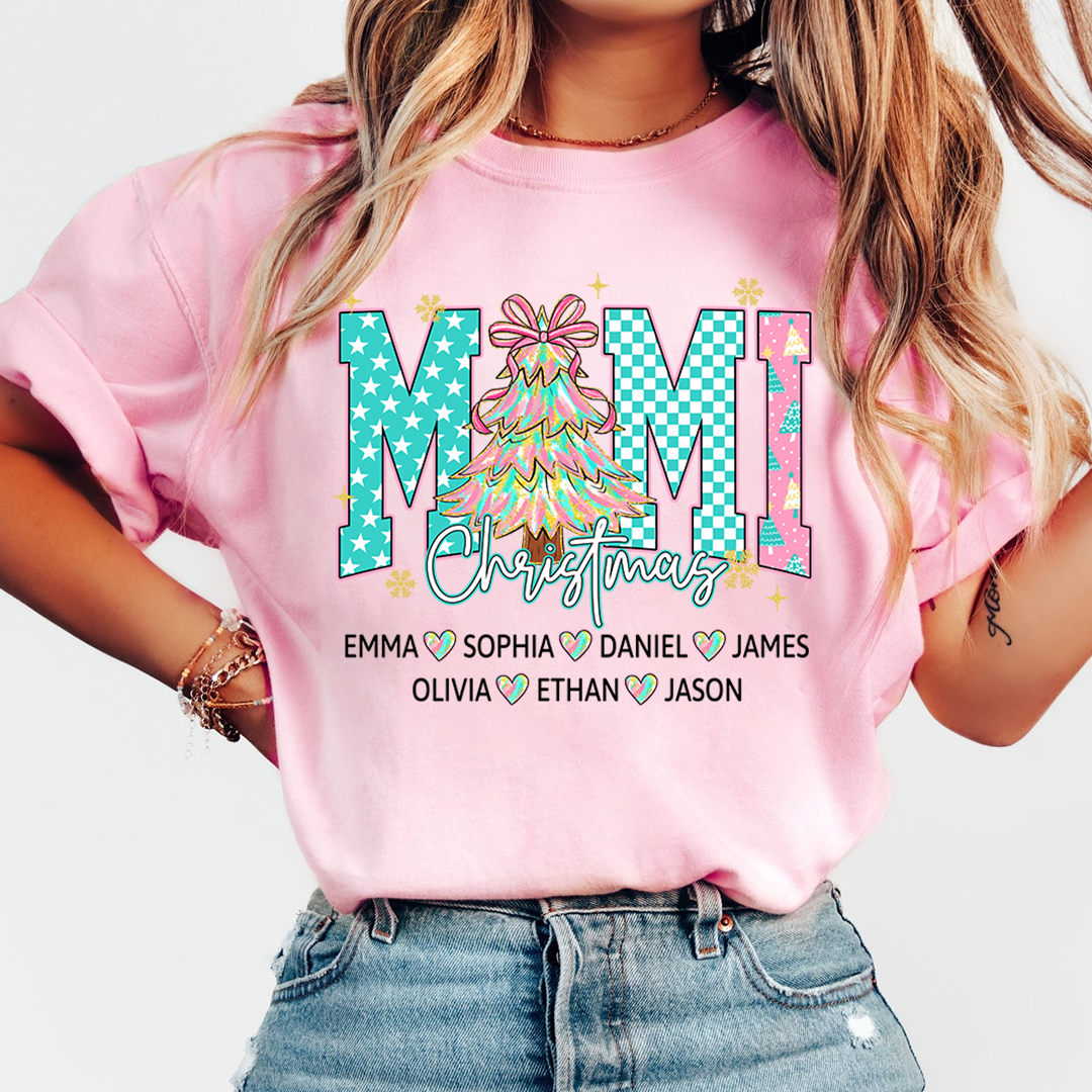 Christmas Tree Mimi T-Shirt, Custom Family Name for Grandma And Kids
