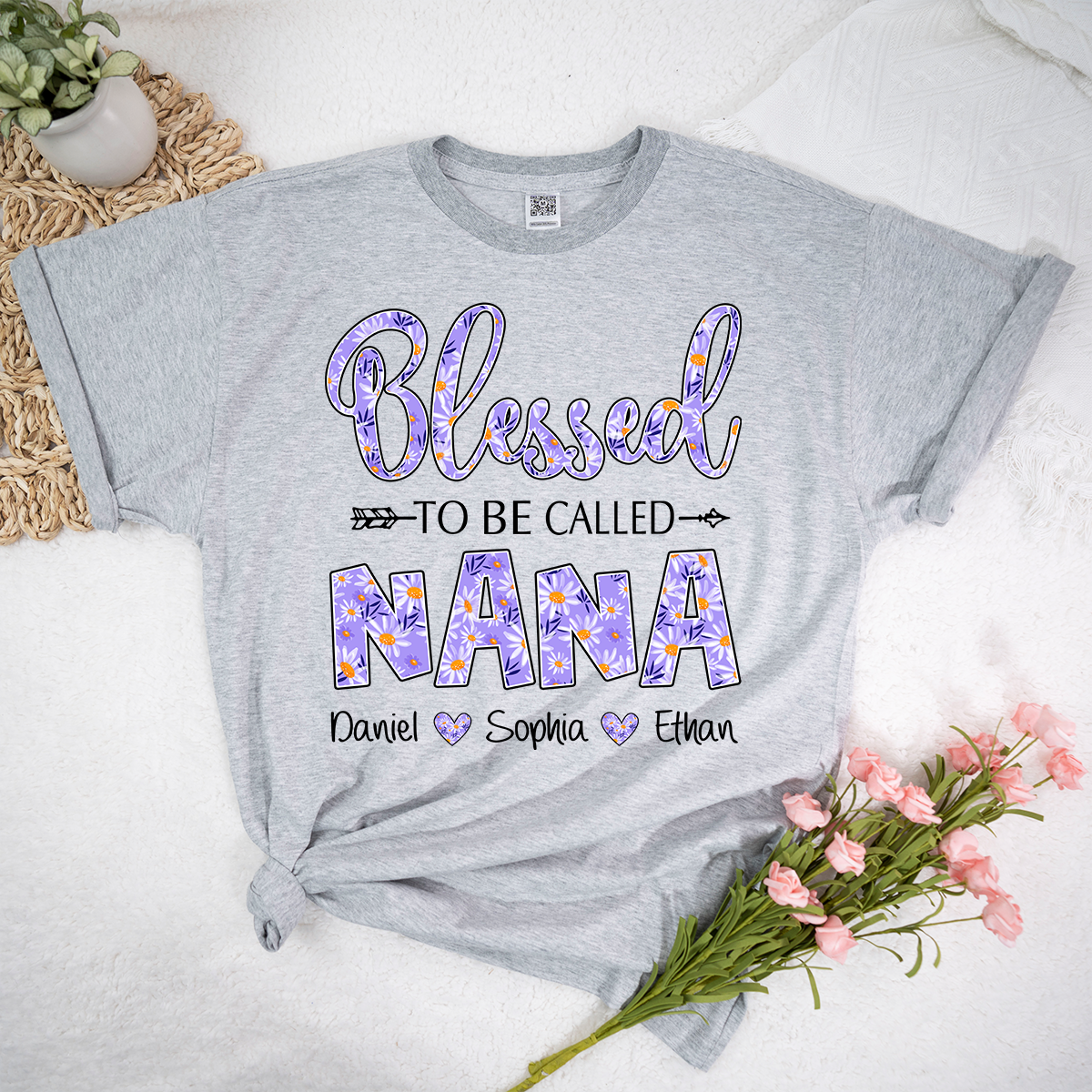 Blessed to Be Called Nana Shirt, Personalized Grandma T Shirt with Grandkids Names, Purple Floral Design