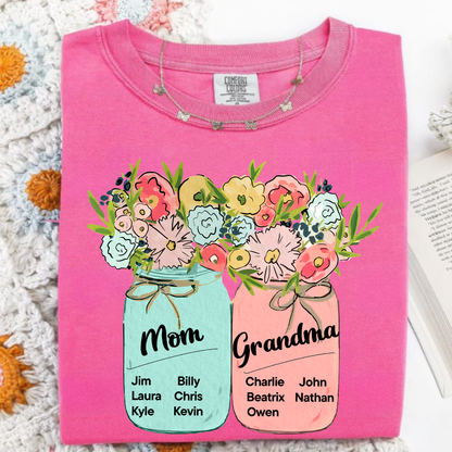 Comfort Colors® Mom & Grandma Kids Flower T-Shirt, Custom Family Names with Floral Design, Perfect Gift for Mom and Grandma