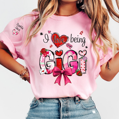 Personalized I Love Being A Nana Valentine's Day T-shirt Cute bows And Strawberries, Gifts for Grandma And Children