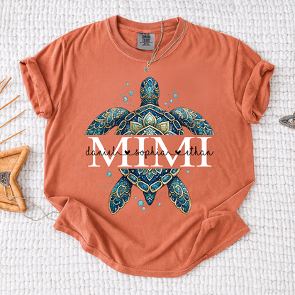 Comfort Colors Mimi Sea Turtle Shirt, Personalized Grandma Shirt with Grandchildren Names, Coastal Summer Gift for Mimi Nana