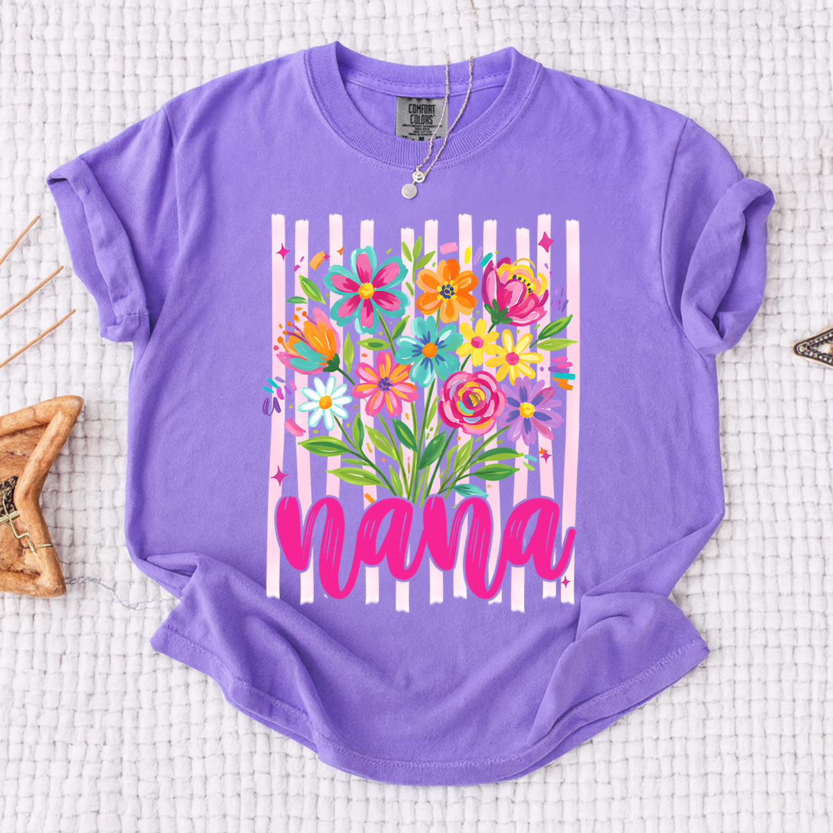 Comfort Colors® Custom Striped Wildflowers Nana Shirt, Trendy Ditsy Floral Gift for Grandma And Kids
