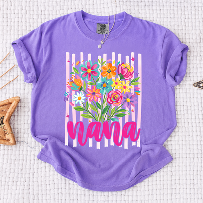 Comfort Colors® Custom Striped Wildflowers Nana Shirt, Trendy Ditsy Floral Gift for Grandma And Kids