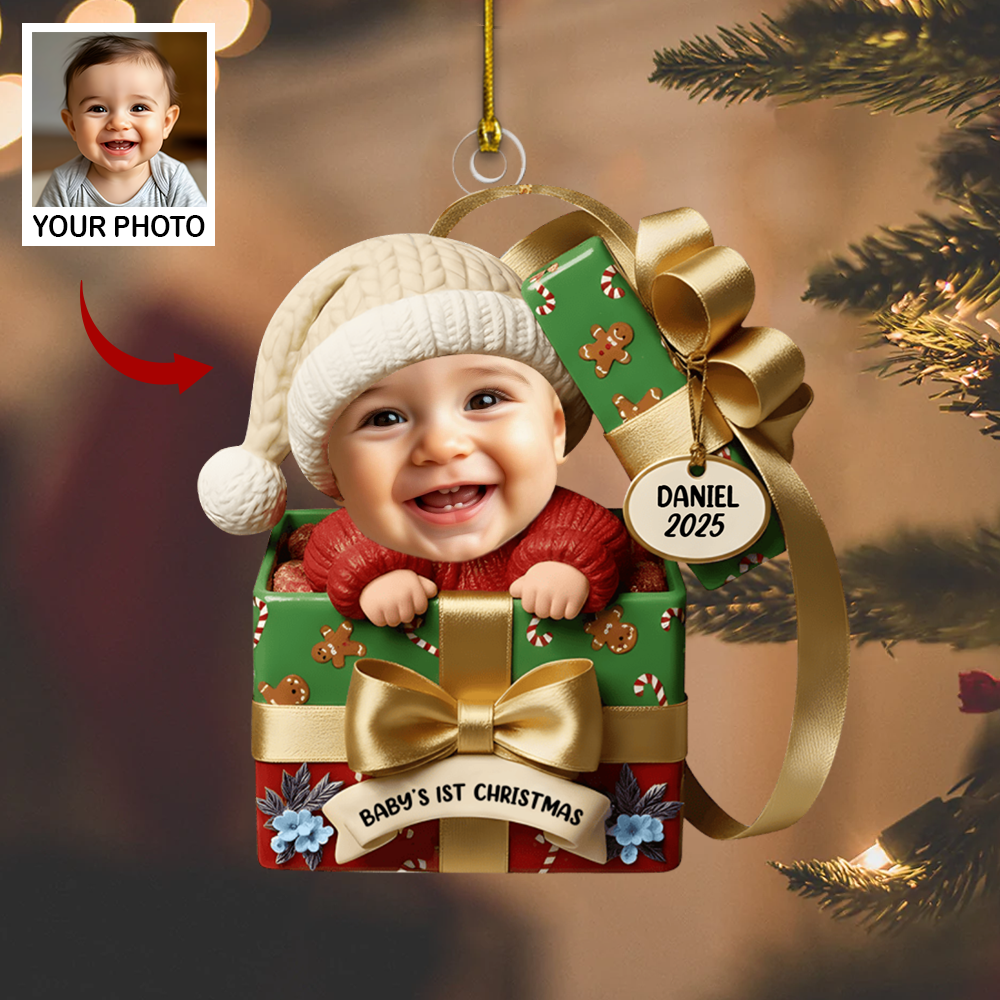 Custom Baby Ornament 2025 – Baby’s 1st Christmas Gift Box Design with Name & Photo, Perfect Holiday Keepsake for New Parents Ornament