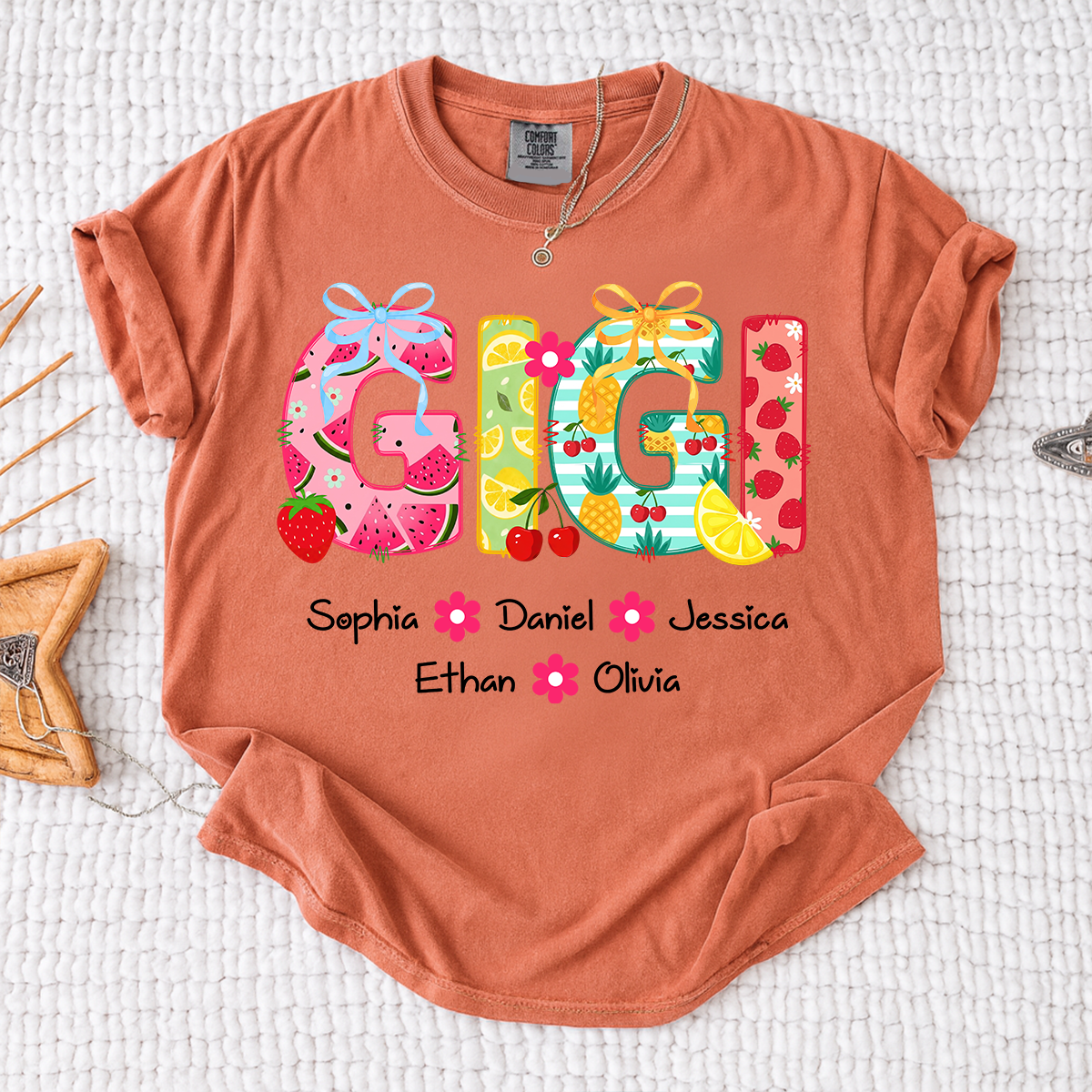Comfort Colors Personalized Gigi Summer Shirt, Custom Grandma T Shirt with Grandkids Names, Fruit Pattern Family Tee for Gigi Nana Mimi