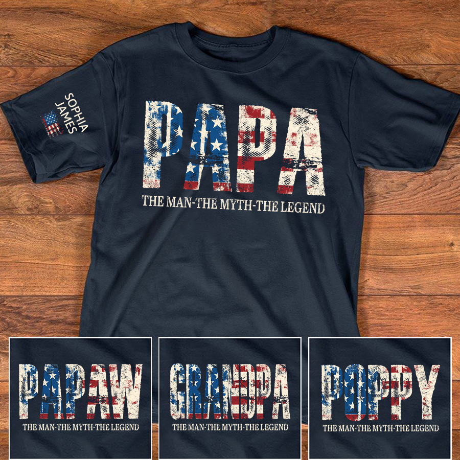 Papa The Man The Myth The Legend Tee, Custom Papa Shirt with Kids Names, USA Flag Design, Meaningful Gift for Father Grandpa
