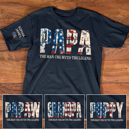 Papa The Man The Myth The Legend Tee, Custom Papa Shirt with Kids Names, USA Flag Design, Meaningful Gift for Father Grandpa
