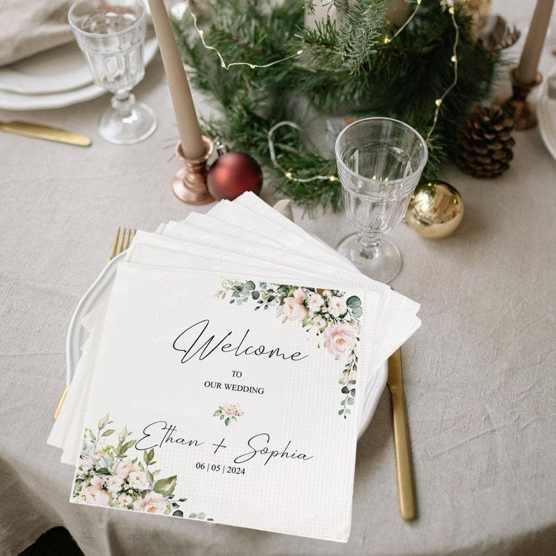 Personalized Floral Wedding Napkins , Custom Wedding Napkins , Cocktail Napkins , Save The Date , Dinner Bridal Shower Engagement Party