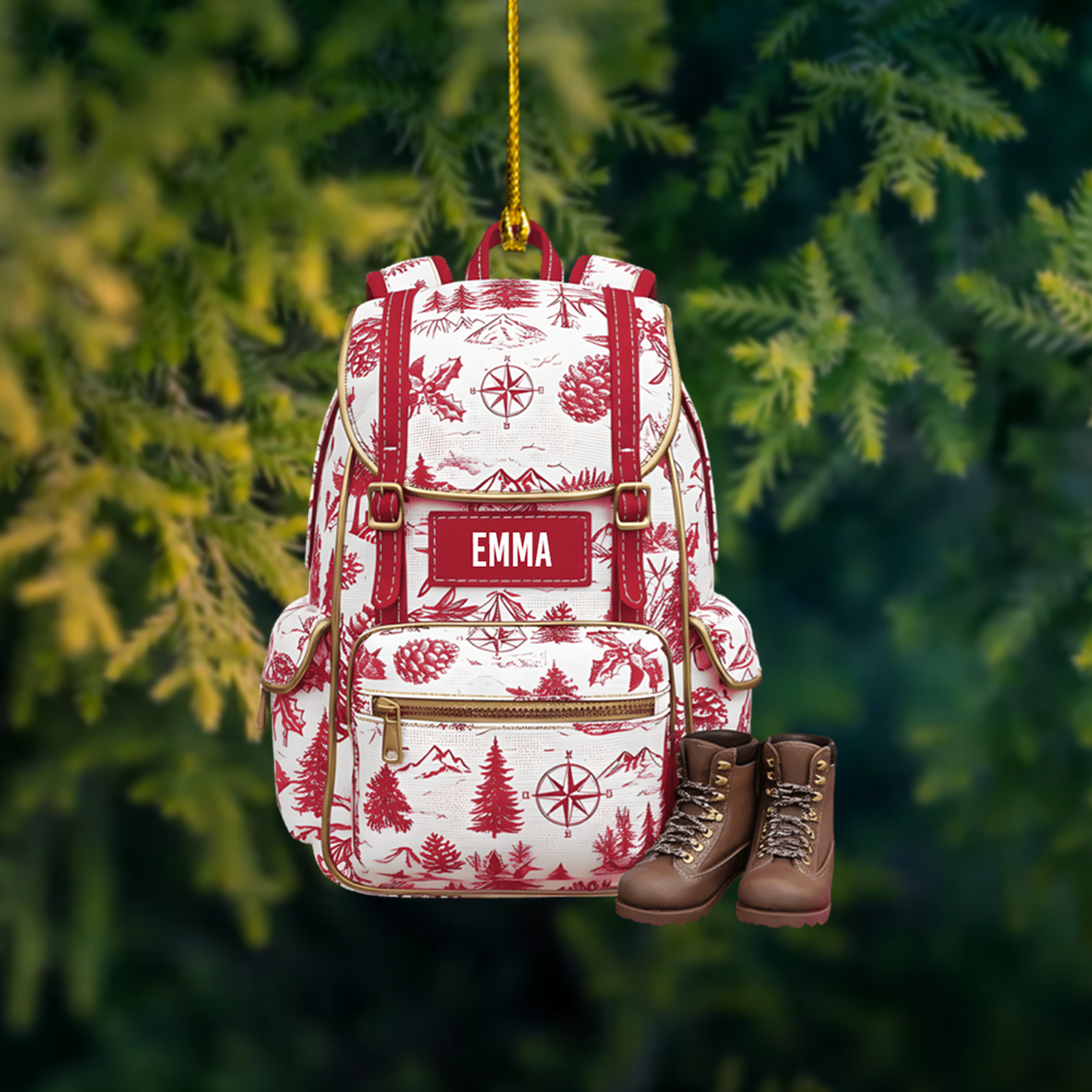 Personalized Backpack Ornament with Hiking Boots – Custom Name Christmas Gift for Campers & Outdoor Lovers Ornament