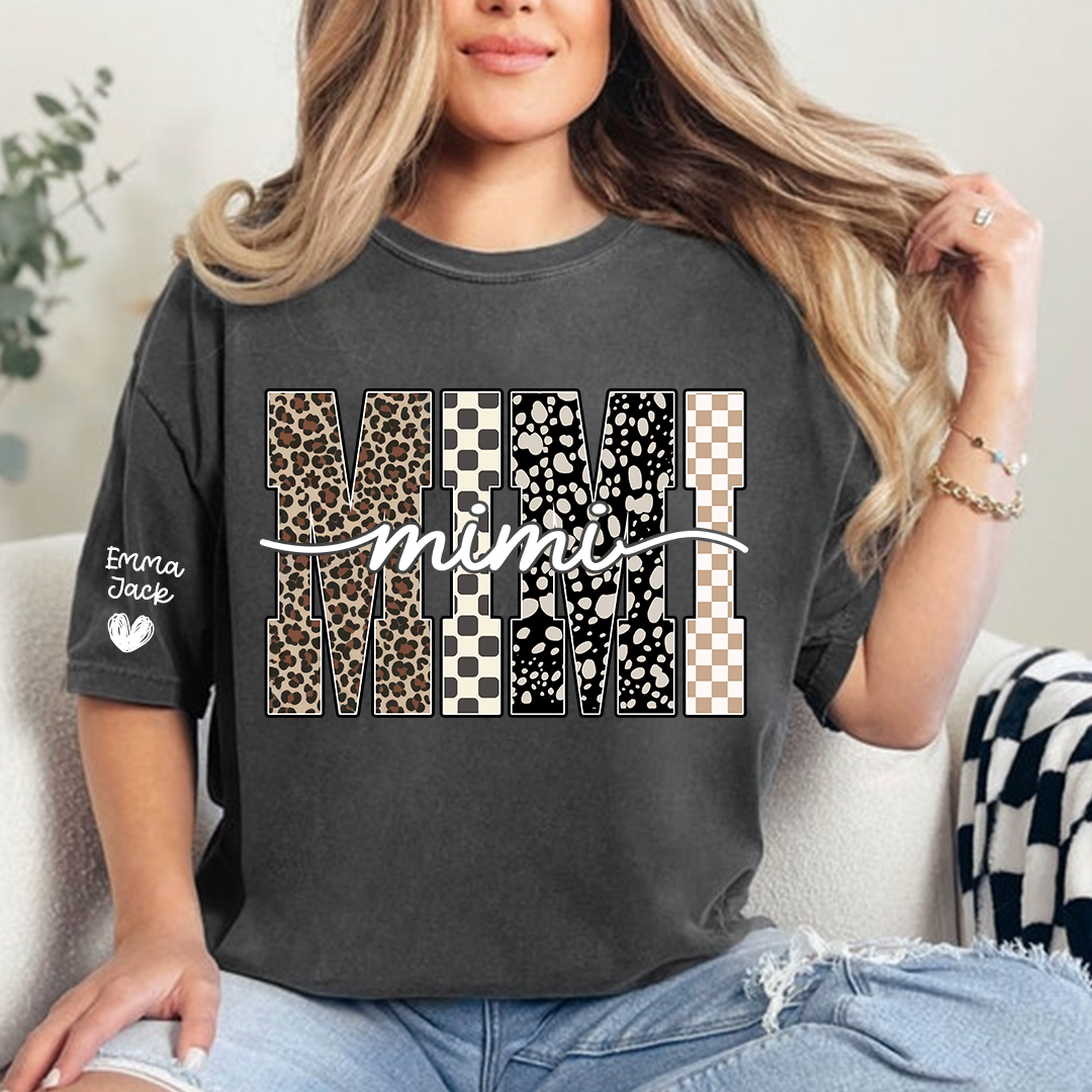 Personalized Mimi Shirt with Grandkids Names, Leopard and Checkered Pattern Family Tee