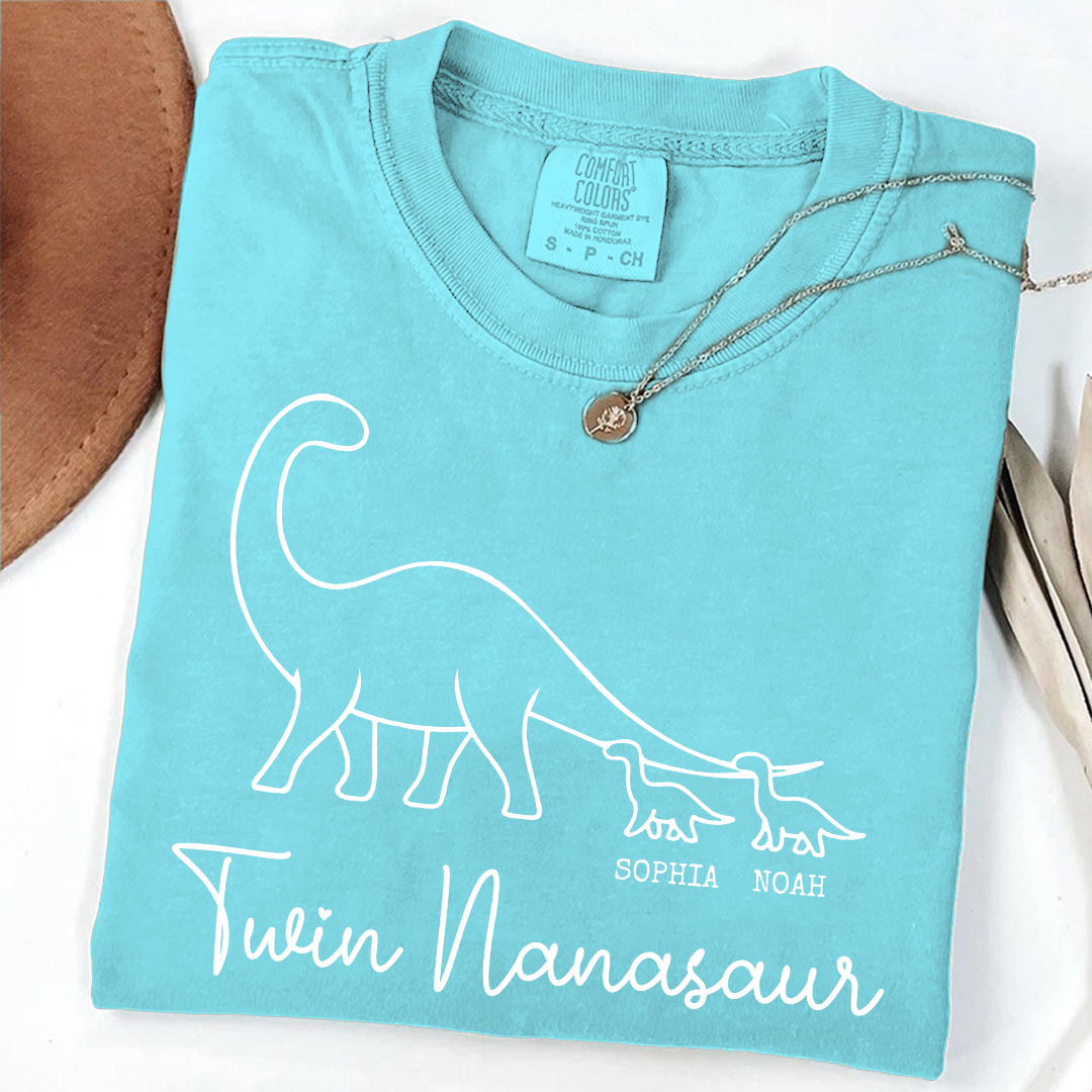 Comfort Colors® Twin Nanasaur Shirt, Personalized Dinosaur Grandma Tee, Custom Grandkids Names T Shirt, Fun Dino Grandma Gift