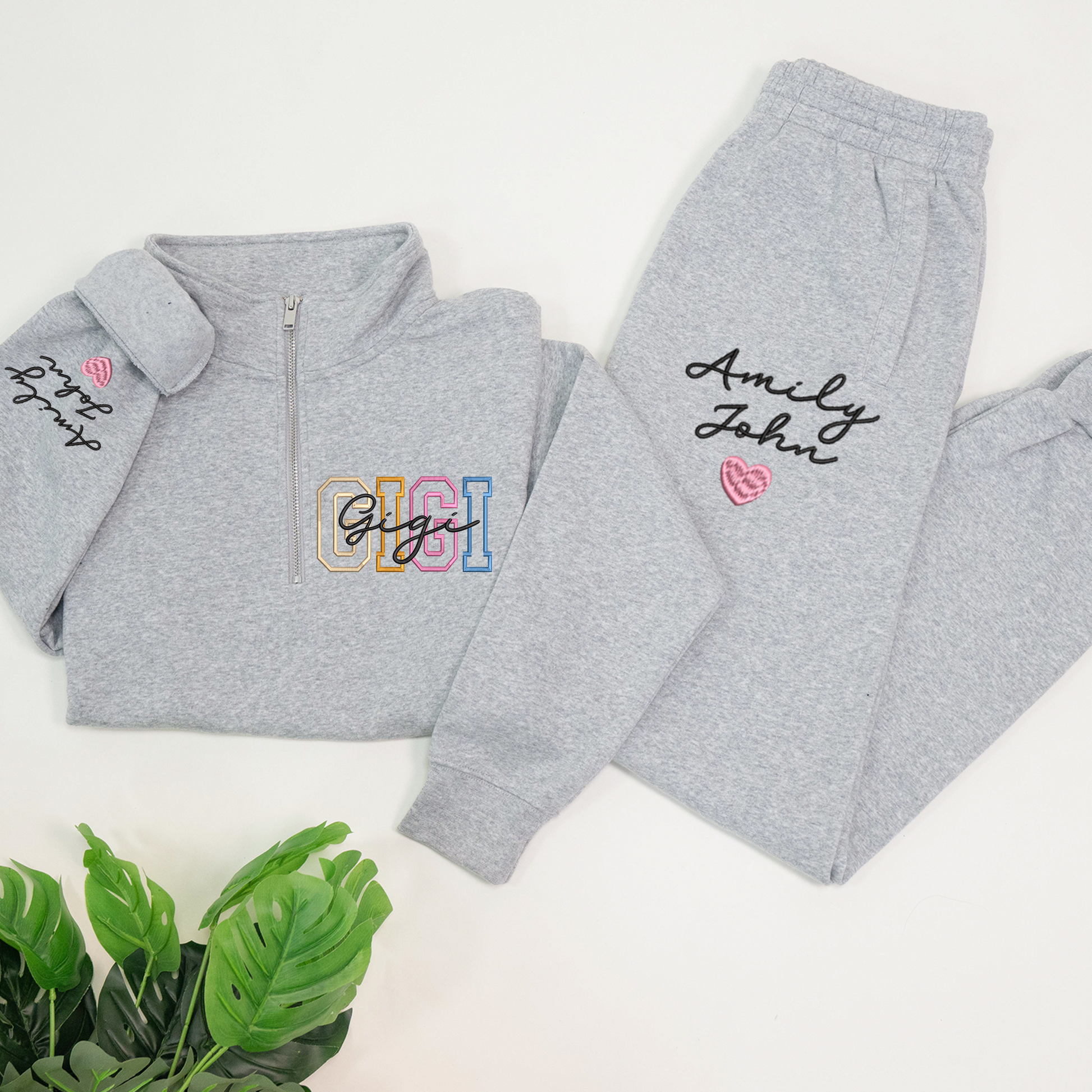 Personalized Gigi color Embroidered Set – Custom Family Name Sweatshirt and Sweatpants Embroidery Outfit – Parents Gift for Christmas, Anniversary