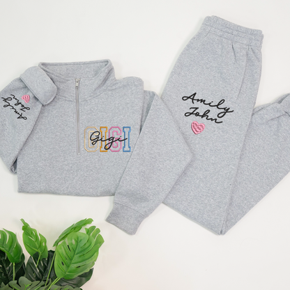 Personalized Gigi color Embroidered Set – Custom Family Name Sweatshirt and Sweatpants Embroidery Outfit – Parents Gift for Christmas, Anniversary