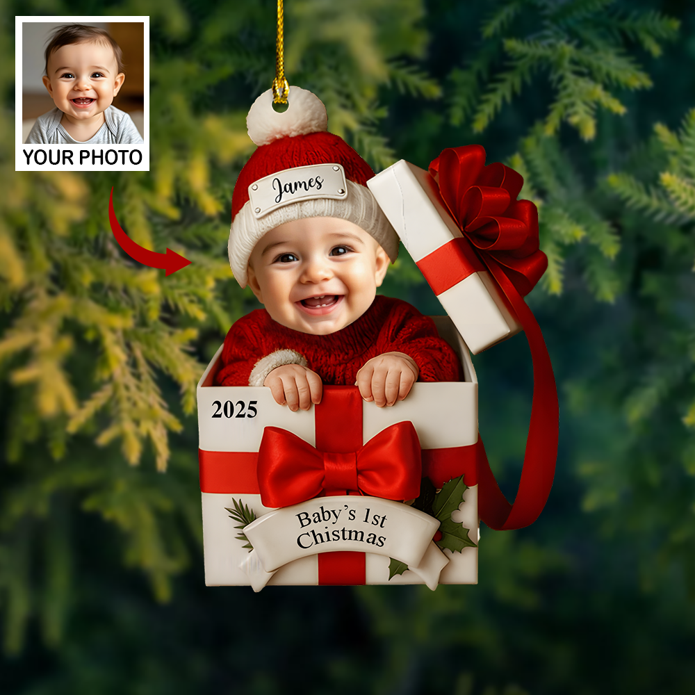 Personalized Baby’s 1st Christmas Ornament 2025 – Custom Photo Gift Box Ornament, Baby Face Christmas Keepsake