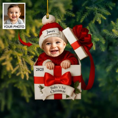 Personalized Baby’s 1st Christmas Ornament 2025 – Custom Photo Gift Box Ornament, Baby Face Christmas Keepsake