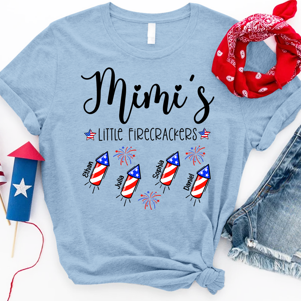 Custom Mimi Little Firecrackers Shirt, Children Names Personalized, Patriotic Stars Rockets Graphic, Family Matching Independence Day Apparel
