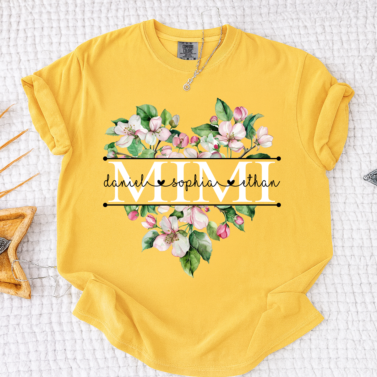 Comfort Personalized Mimi Flower Heart Shirt, Custom Names Family Gift T Shirt